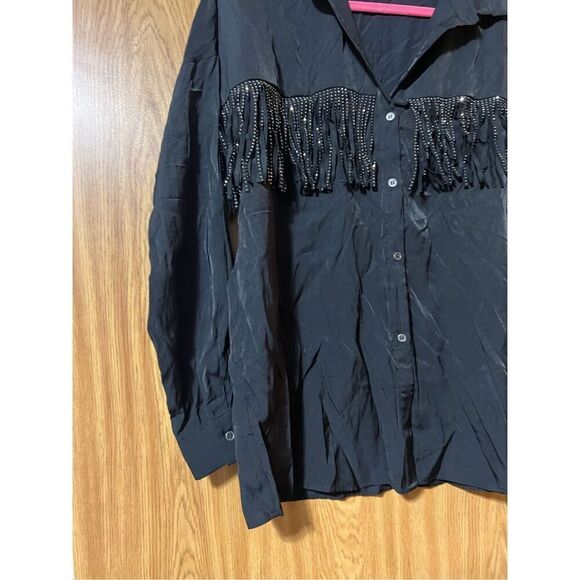 Woman’s Black Button Up Top With Rhinestone Fringe Woman’s Size Large - Picture 3 of 10